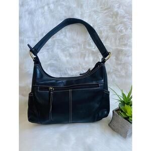Black Leather Women's Shoulder Bag with Front Zipper Pocket